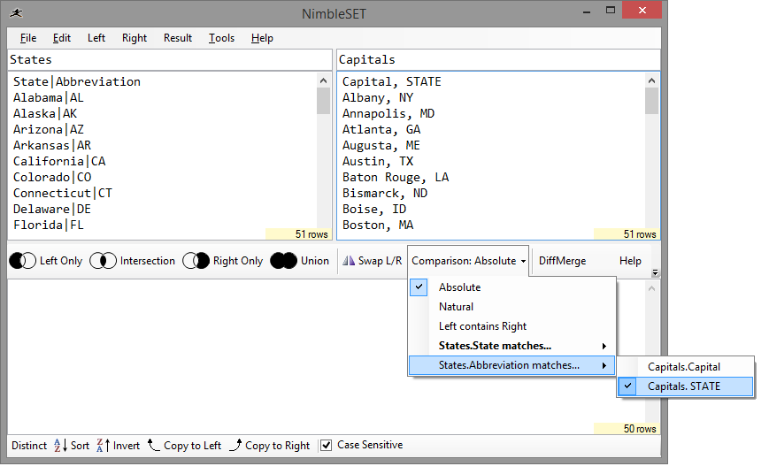 Compare two lists based on one column from one, by using the Comparison Type drop down list